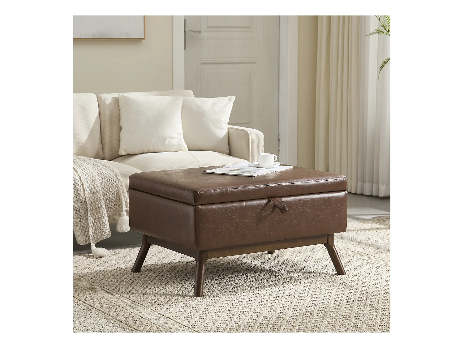 Table basique carrée multifonction, design mid-century, cuir PU, marron, avec rangement intégré (80x59x45cm)