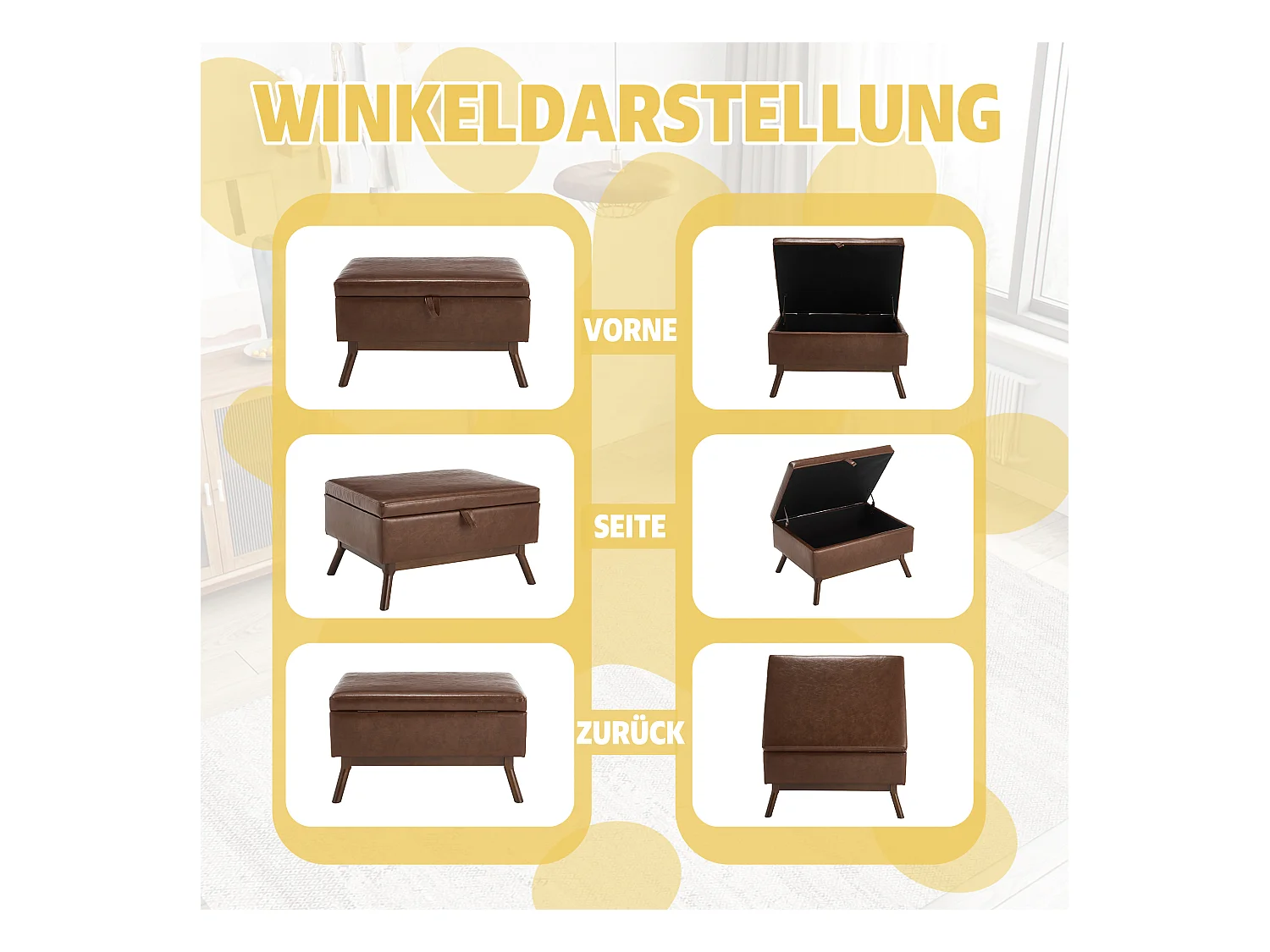 Table basique carrée multifonction, design mid-century, cuir PU, marron, avec rangement intégré (80x59x45cm)