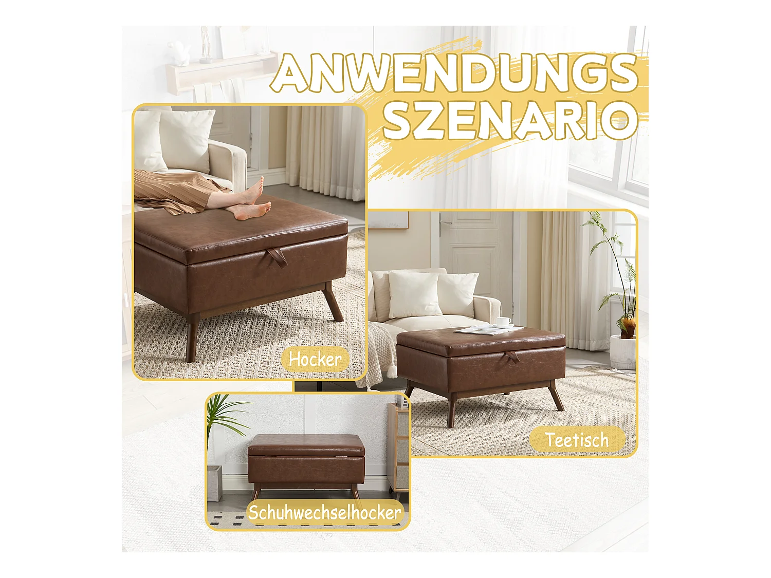 Table basique carrée multifonction, design mid-century, cuir PU, marron, avec rangement intégré (80x59x45cm)