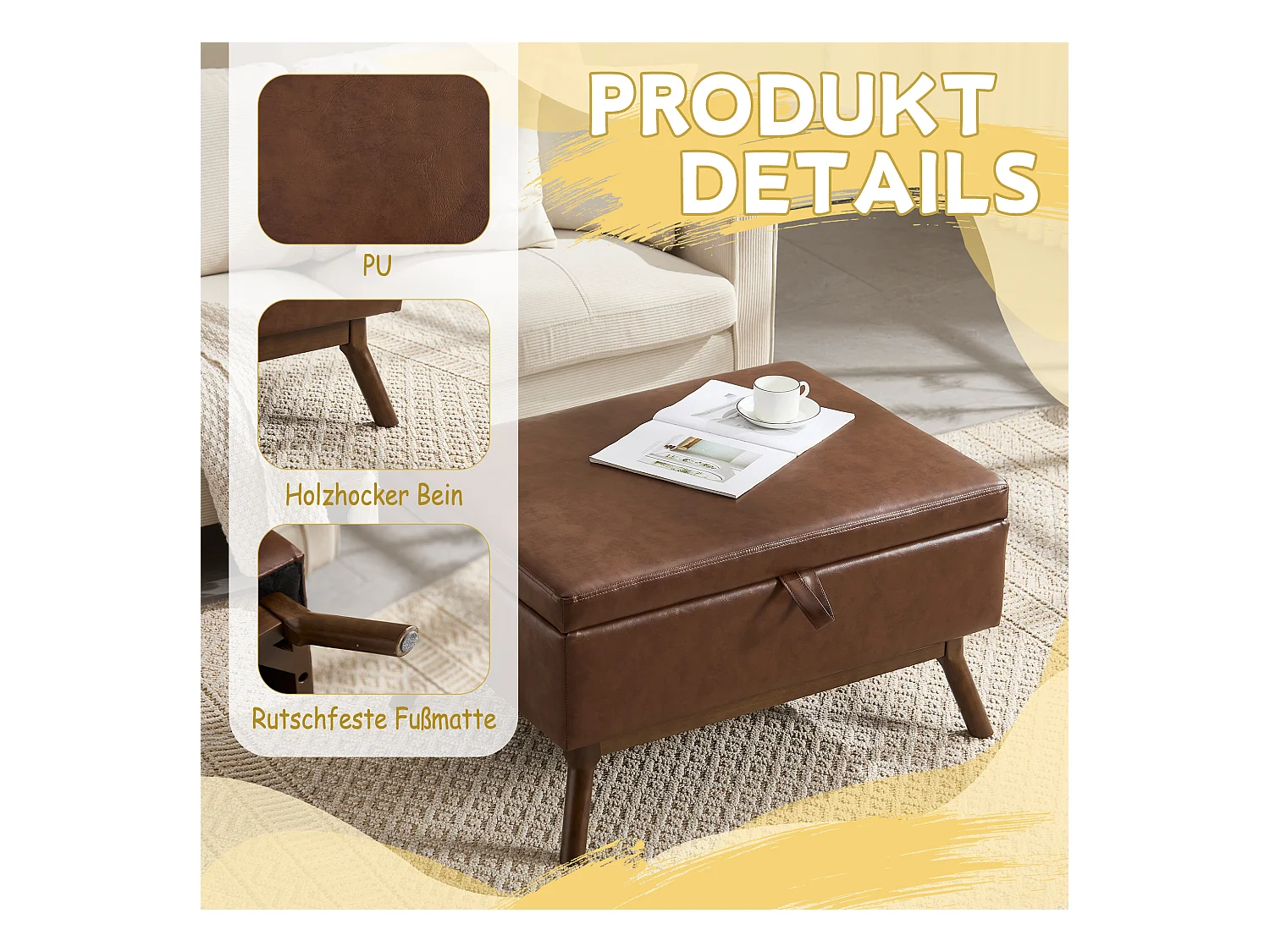 Table basique carrée multifonction, design mid-century, cuir PU, marron, avec rangement intégré (80x59x45cm)