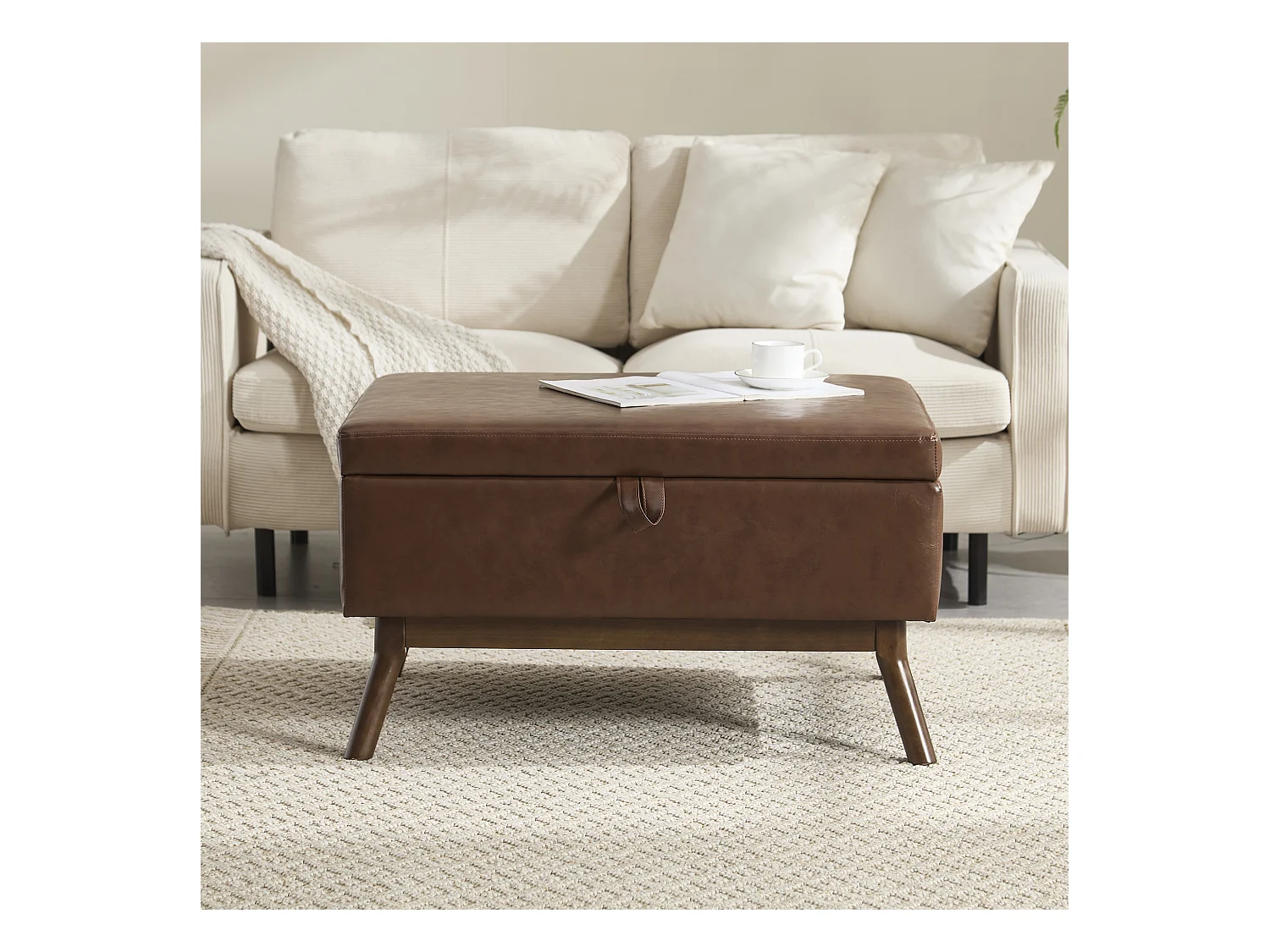 Table basique carrée multifonction, design mid-century, cuir PU, marron, avec rangement intégré (80x59x45cm)