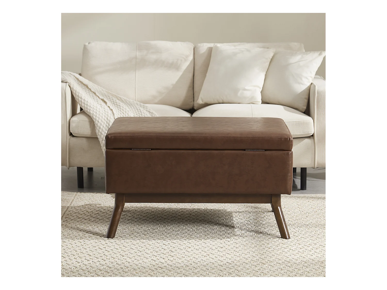 Table basique carrée multifonction, design mid-century, cuir PU, marron, avec rangement intégré (80x59x45cm)