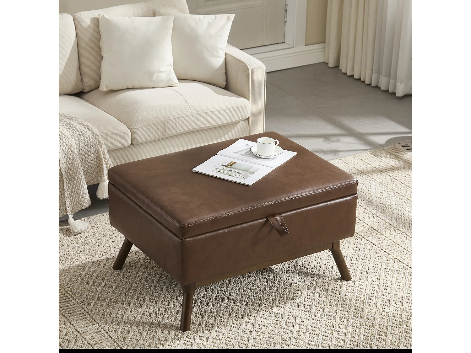 Table basique carrée multifonction, design mid-century, cuir PU, marron, avec rangement intégré (80x59x45cm)