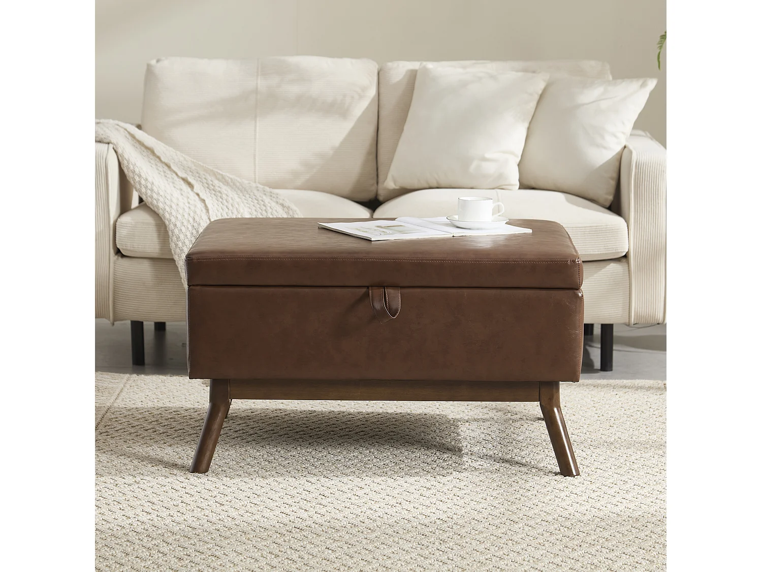 Table basique carrée multifonction, design mid-century, cuir PU, marron, avec rangement intégré (80x59x45cm)