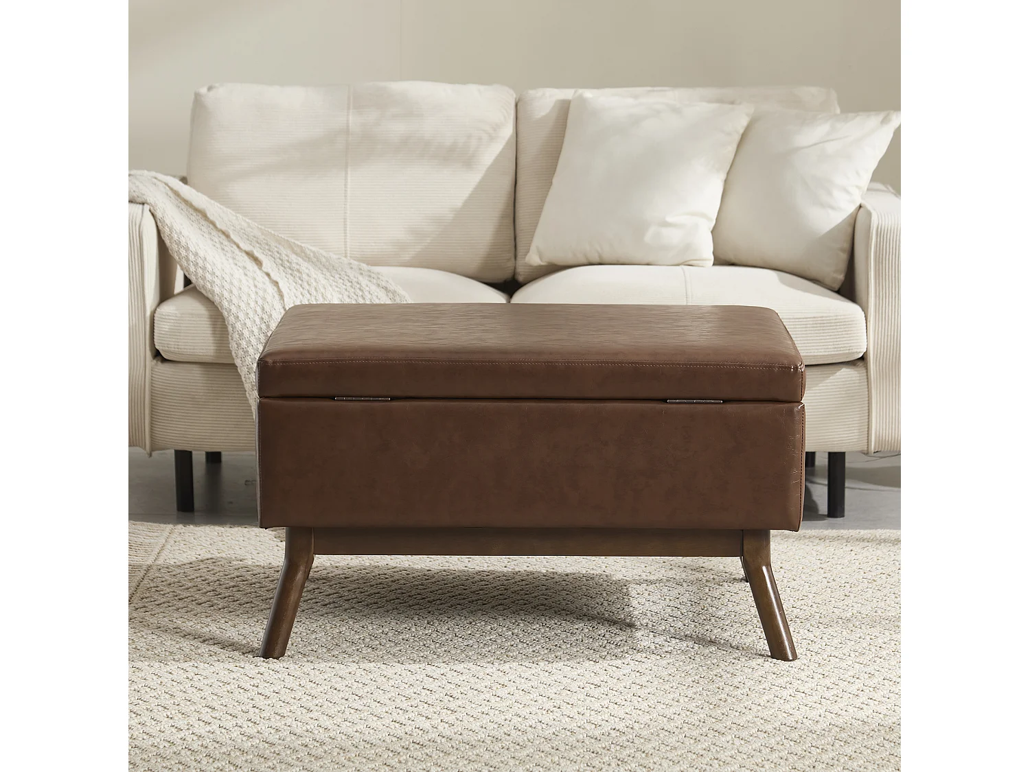 Table basique carrée multifonction, design mid-century, cuir PU, marron, avec rangement intégré (80x59x45cm)