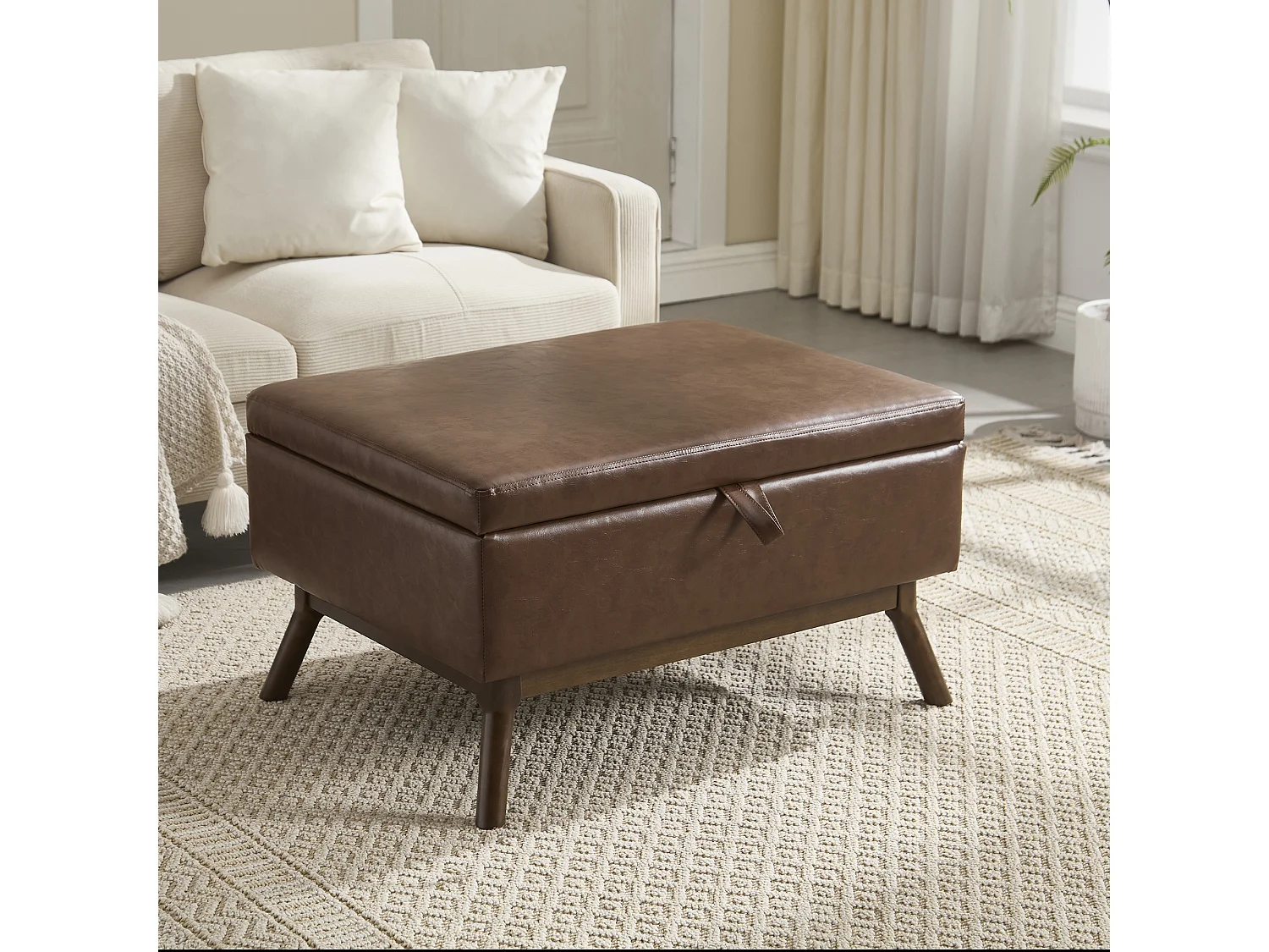 Table basique carrée multifonction, design mid-century, cuir PU, marron, avec rangement intégré (80x59x45cm)