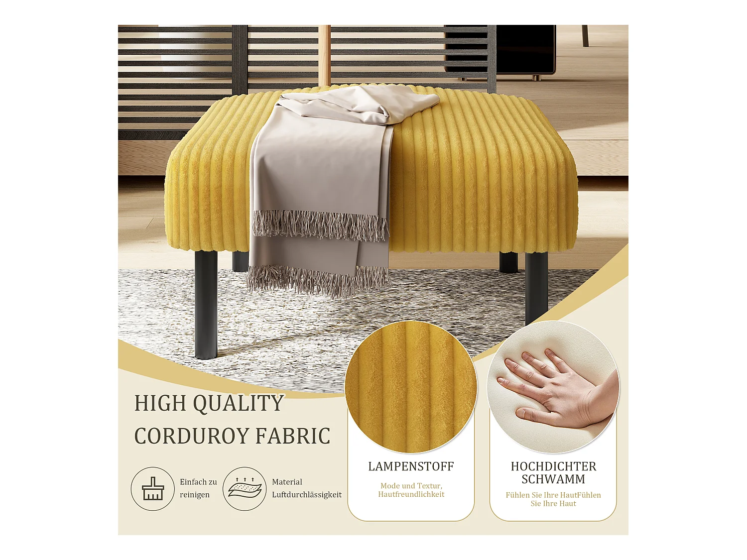 Pouf en velours côtelé, design contemporain, métal et mousse, jaune, polyvalent (56x51x39cm)