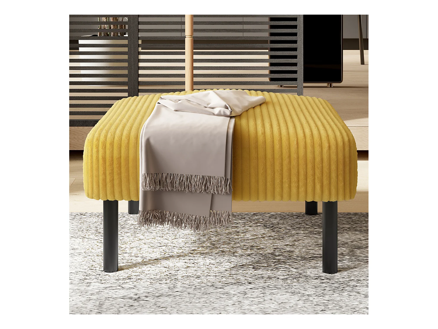 Pouf en velours côtelé, design contemporain, métal et mousse, jaune, polyvalent (56x51x39cm)
