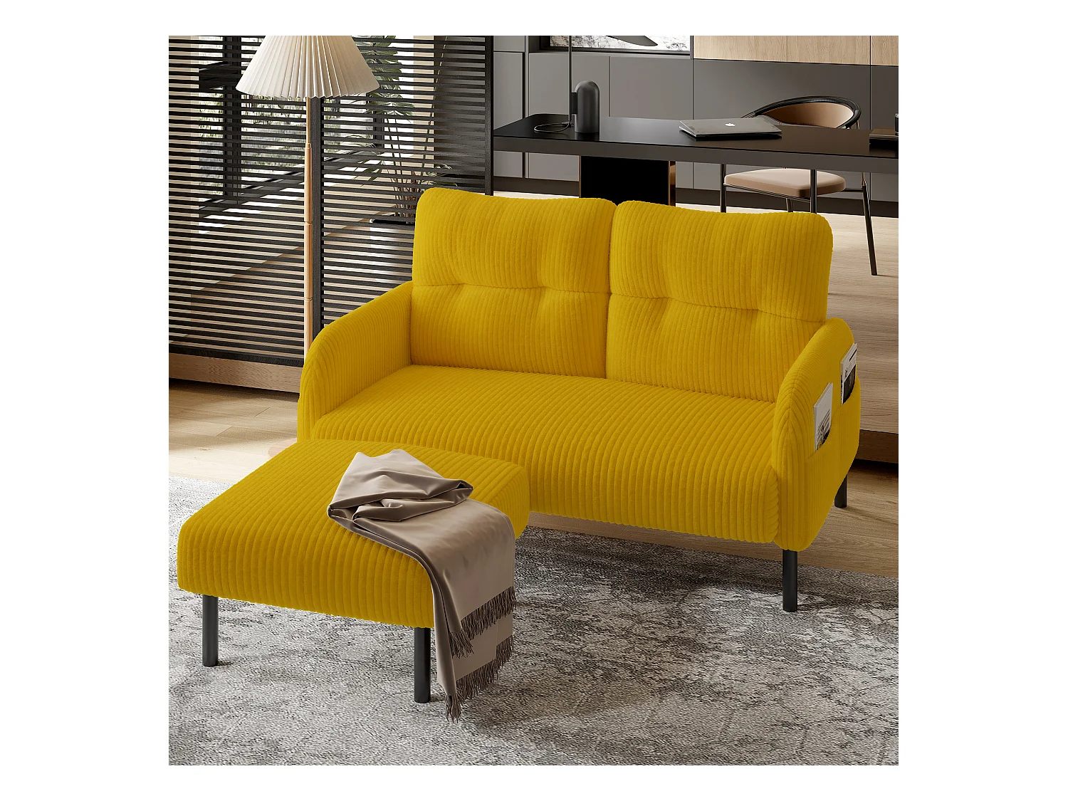 Pouf en velours côtelé, design contemporain, métal et mousse, jaune, polyvalent (56x51x39cm)