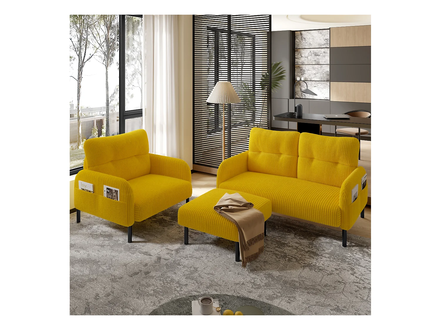 Pouf en velours côtelé, design contemporain, métal et mousse, jaune, polyvalent (56x51x39cm)