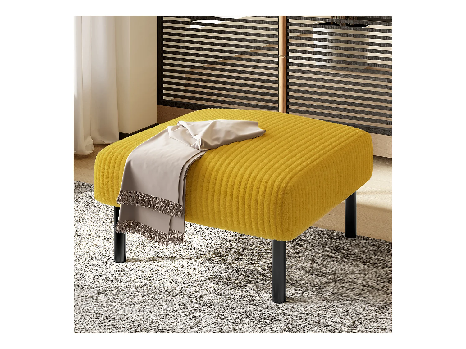Pouf en velours côtelé, design contemporain, métal et mousse, jaune, polyvalent (56x51x39cm)
