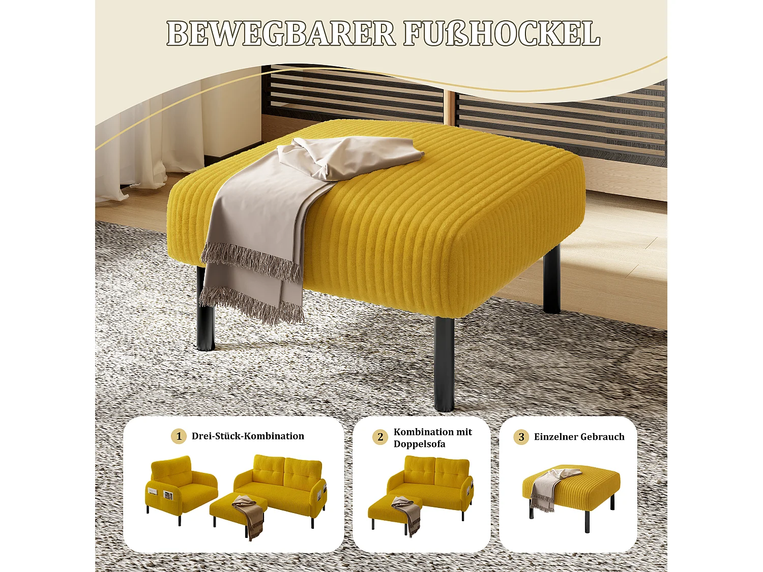 Pouf en velours côtelé, design contemporain, métal et mousse, jaune, polyvalent (56x51x39cm)