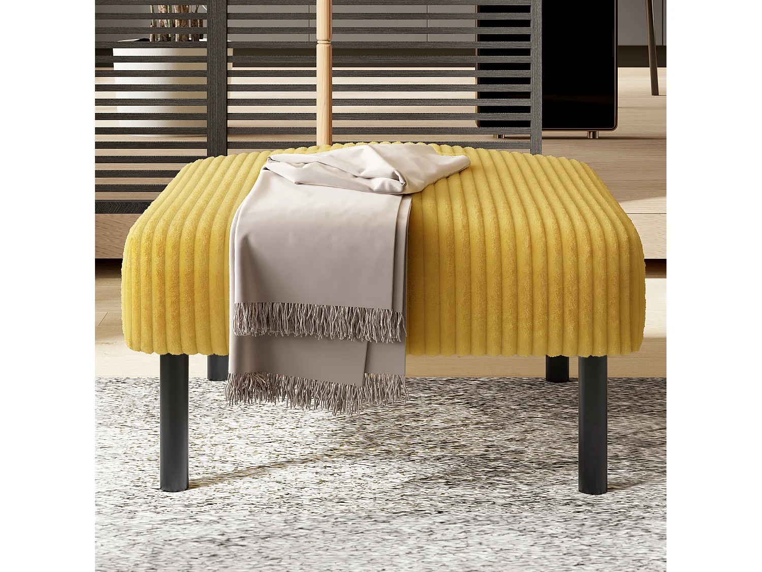Pouf en velours côtelé, design contemporain, métal et mousse, jaune, polyvalent (56x51x39cm)