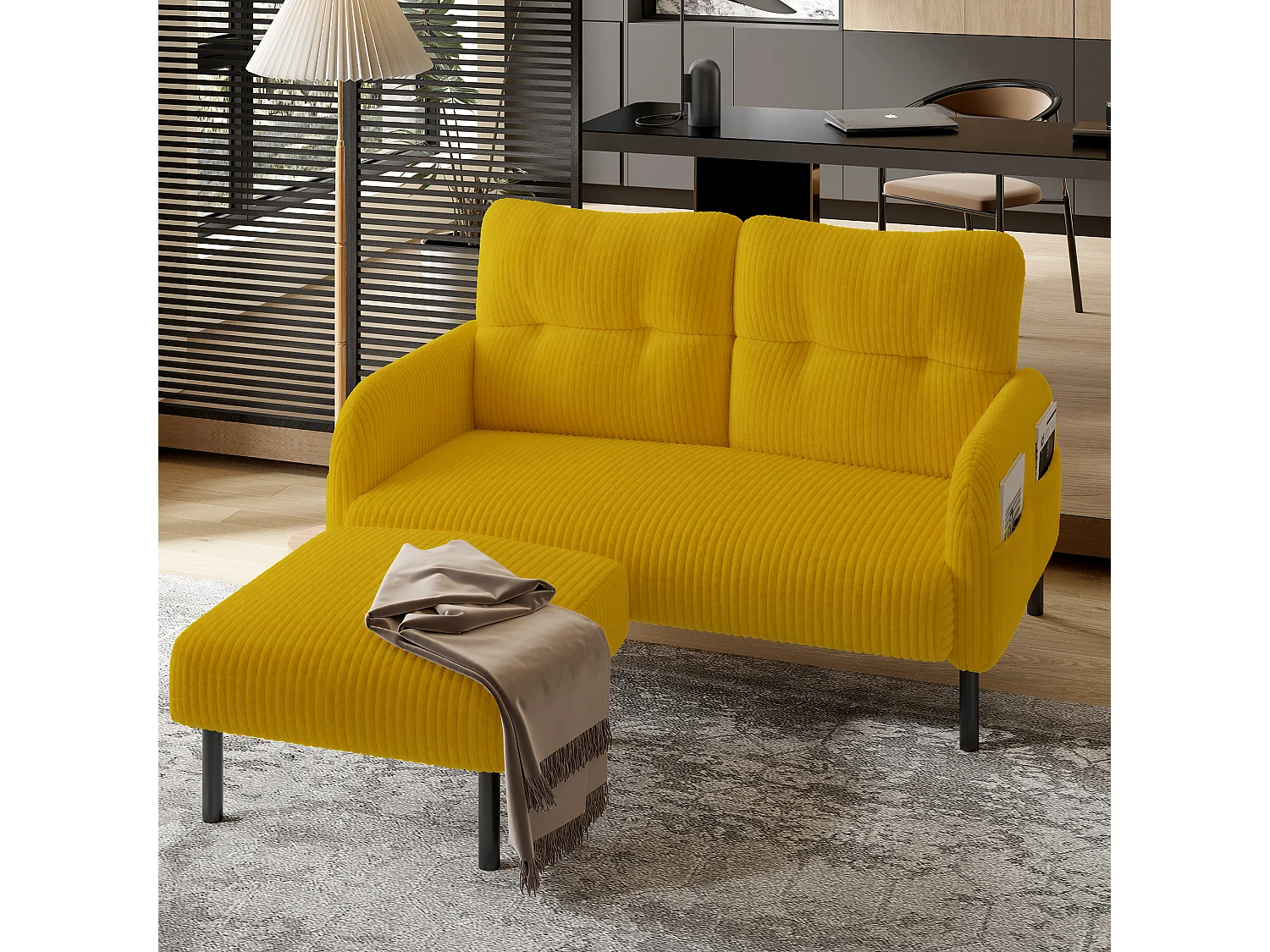 Pouf en velours côtelé, design contemporain, métal et mousse, jaune, polyvalent (56x51x39cm)
