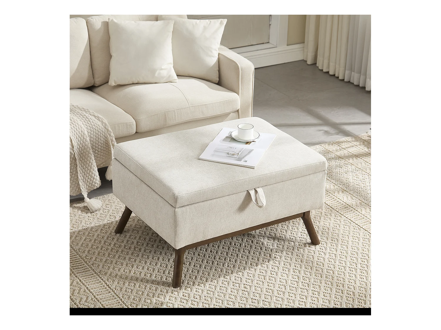 Table basique moderne style mid-century, multifonctionnelle avec rangement, bois massif et tissu lin, beige (80x59x45cm)