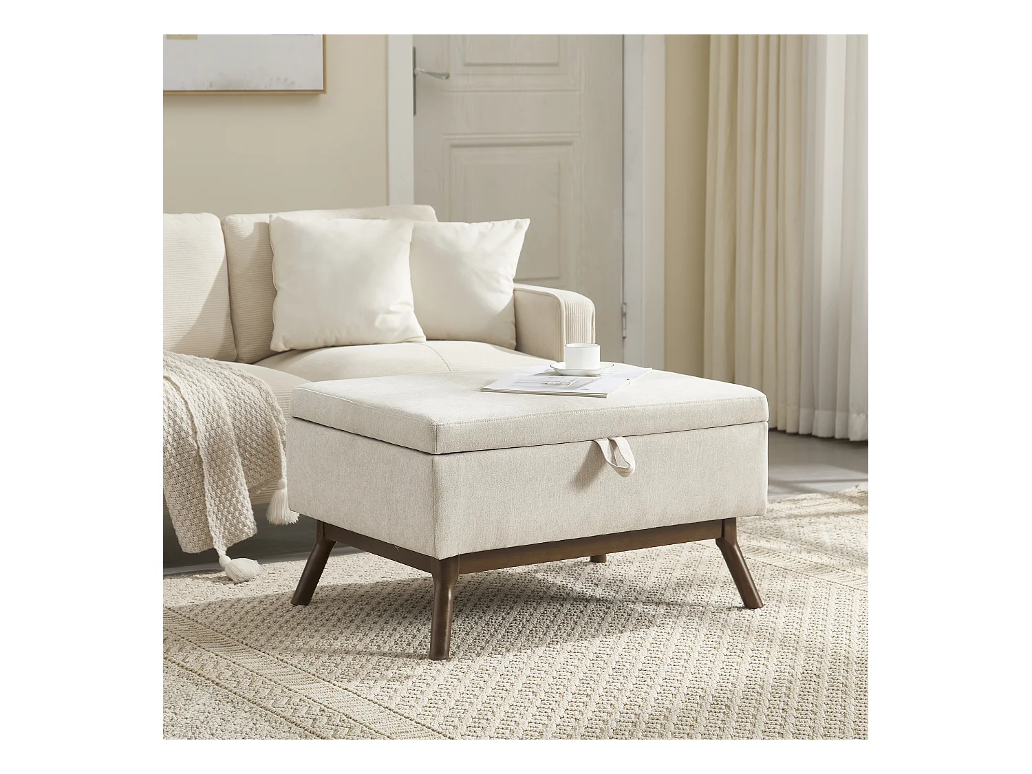 Table basique moderne style mid-century, multifonctionnelle avec rangement, bois massif et tissu lin, beige (80x59x45cm)