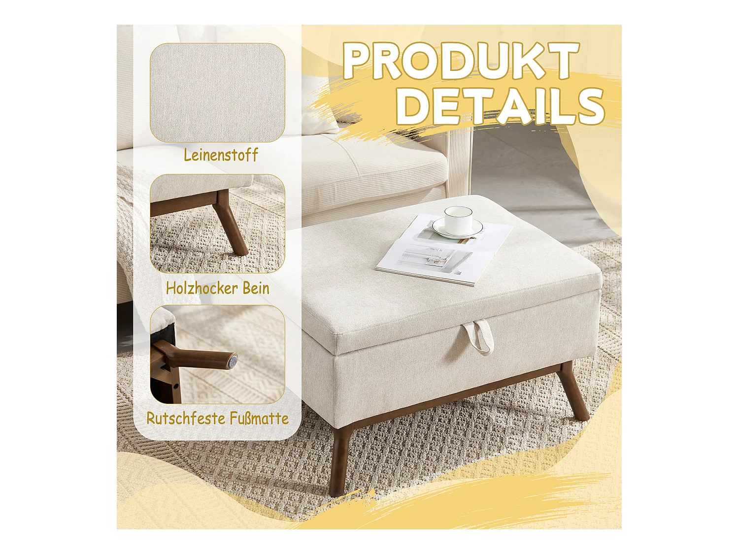 Table basique moderne style mid-century, multifonctionnelle avec rangement, bois massif et tissu lin, beige (80x59x45cm)