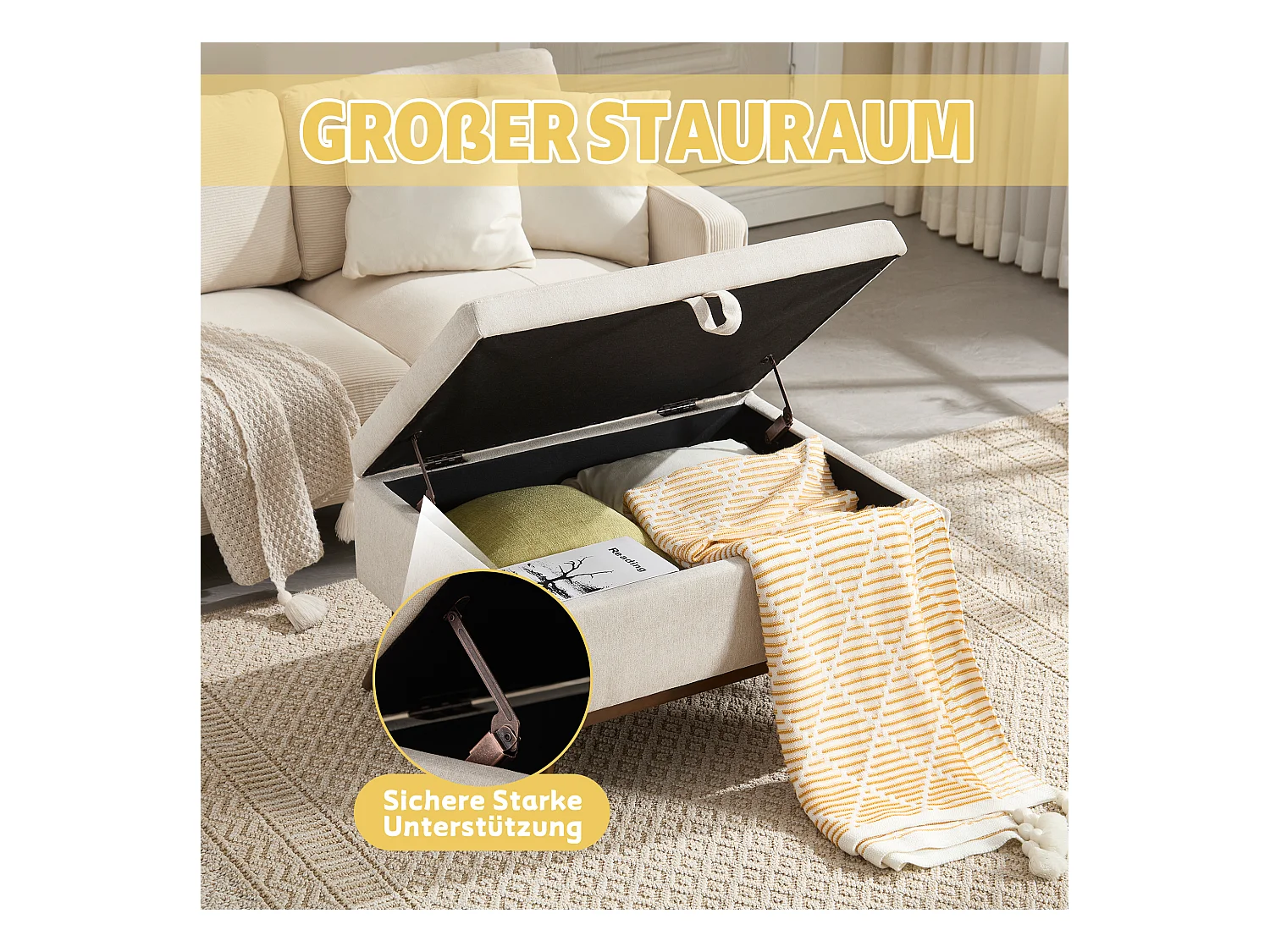 Table basique moderne style mid-century, multifonctionnelle avec rangement, bois massif et tissu lin, beige (80x59x45cm)