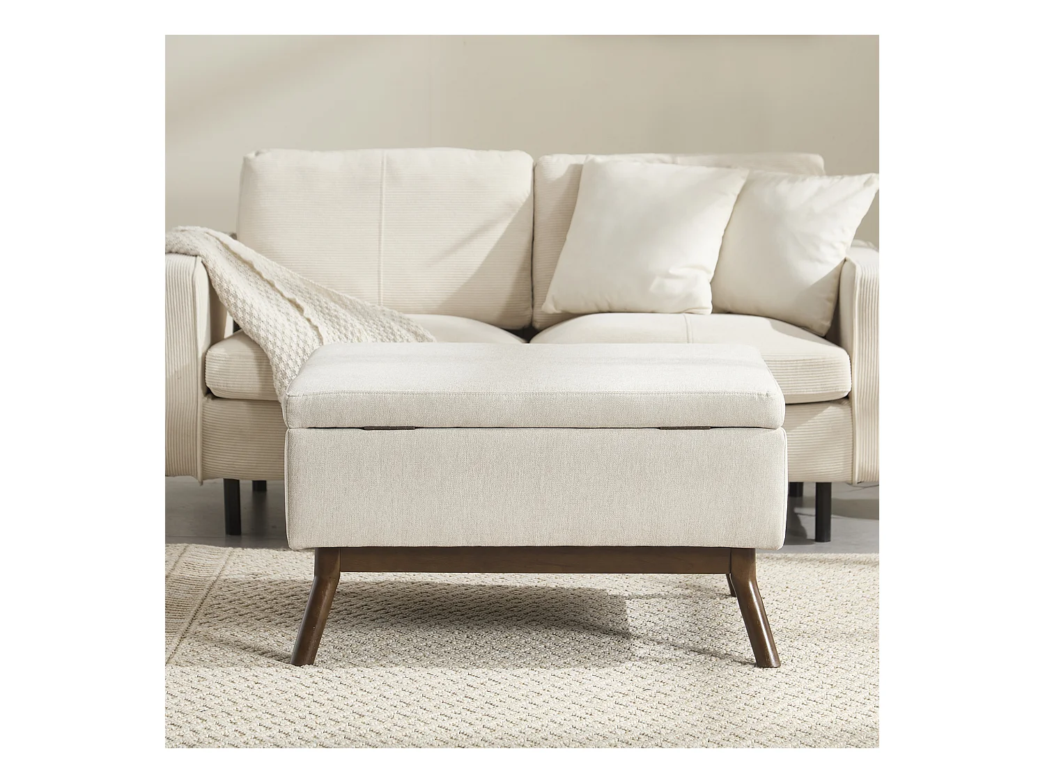 Table basique moderne style mid-century, multifonctionnelle avec rangement, bois massif et tissu lin, beige (80x59x45cm)