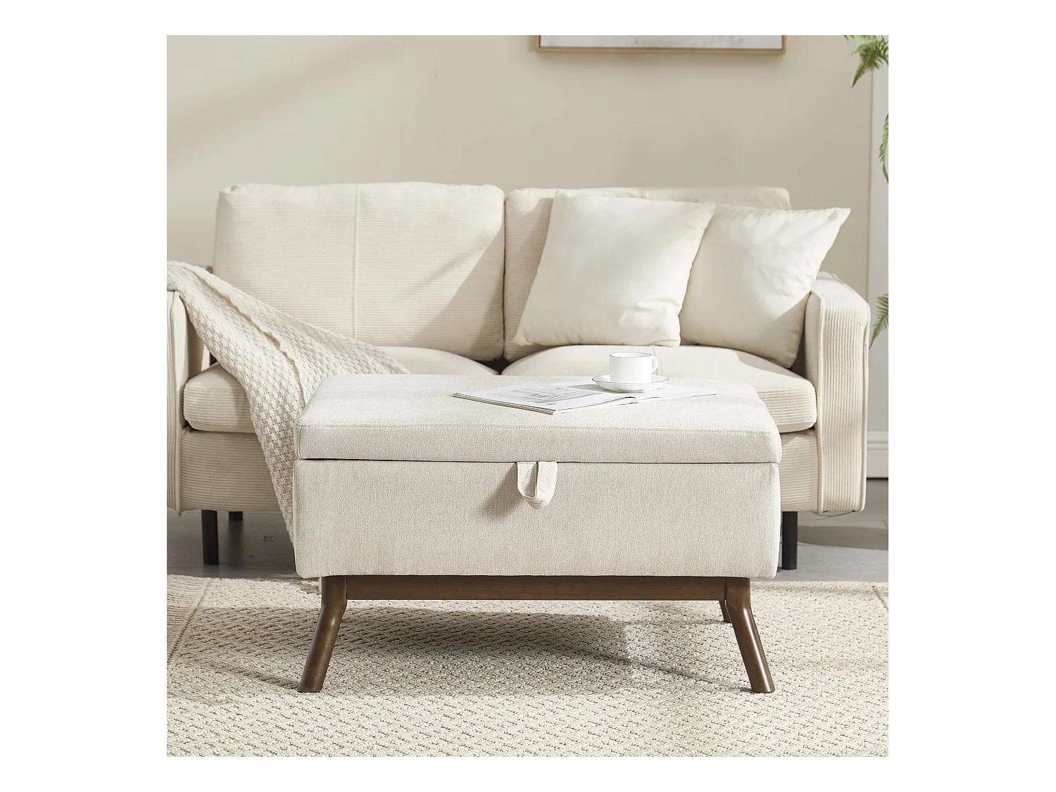 Table basique moderne style mid-century, multifonctionnelle avec rangement, bois massif et tissu lin, beige (80x59x45cm)