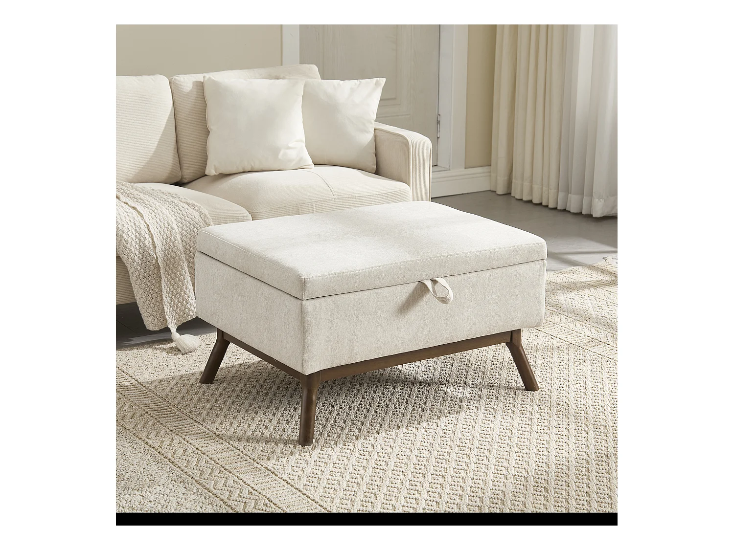 Table basique moderne style mid-century, multifonctionnelle avec rangement, bois massif et tissu lin, beige (80x59x45cm)
