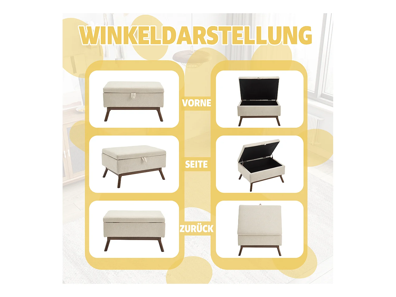 Table basique moderne style mid-century, multifonctionnelle avec rangement, bois massif et tissu lin, beige (80x59x45cm)