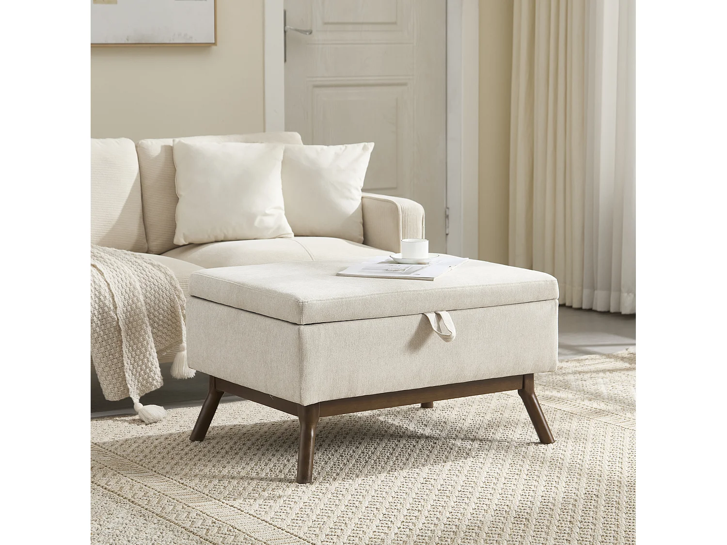 Table basique moderne style mid-century, multifonctionnelle avec rangement, bois massif et tissu lin, beige (80x59x45cm)