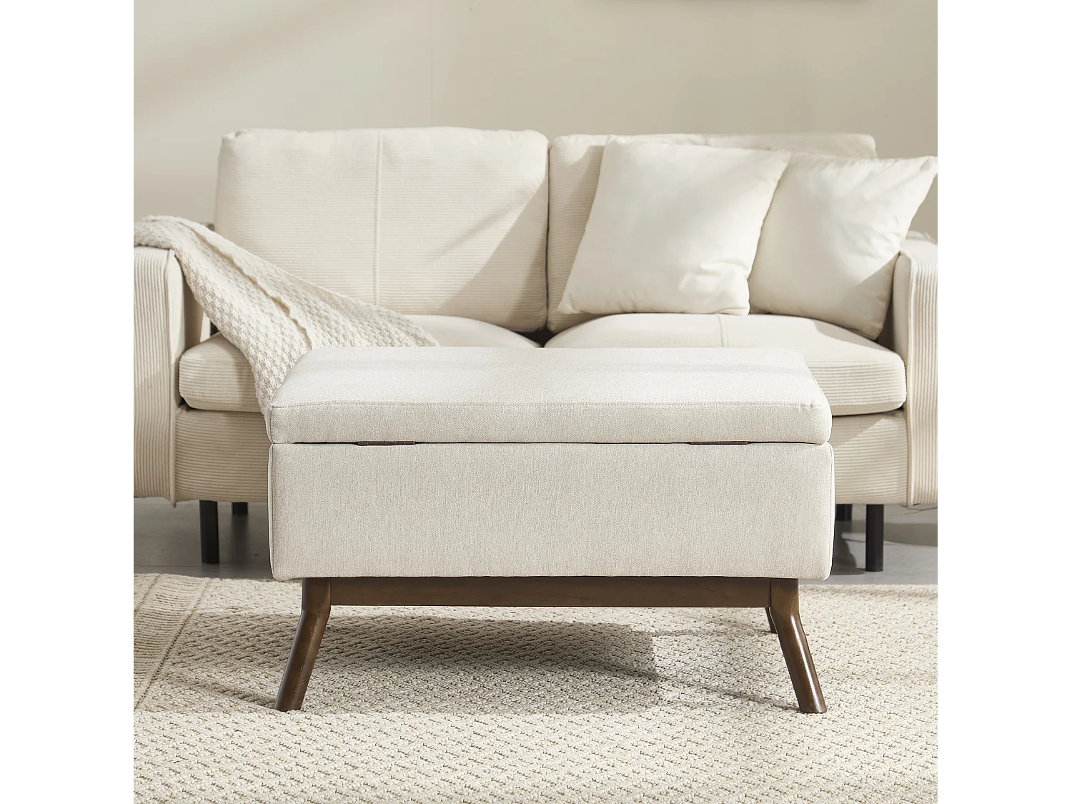 Table basique moderne style mid-century, multifonctionnelle avec rangement, bois massif et tissu lin, beige (80x59x45cm)