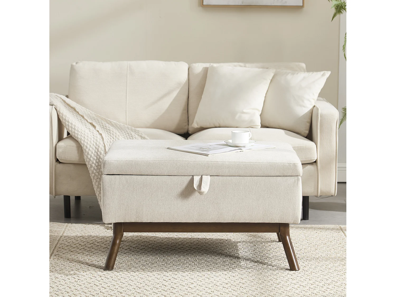 Table basique moderne style mid-century, multifonctionnelle avec rangement, bois massif et tissu lin, beige (80x59x45cm)