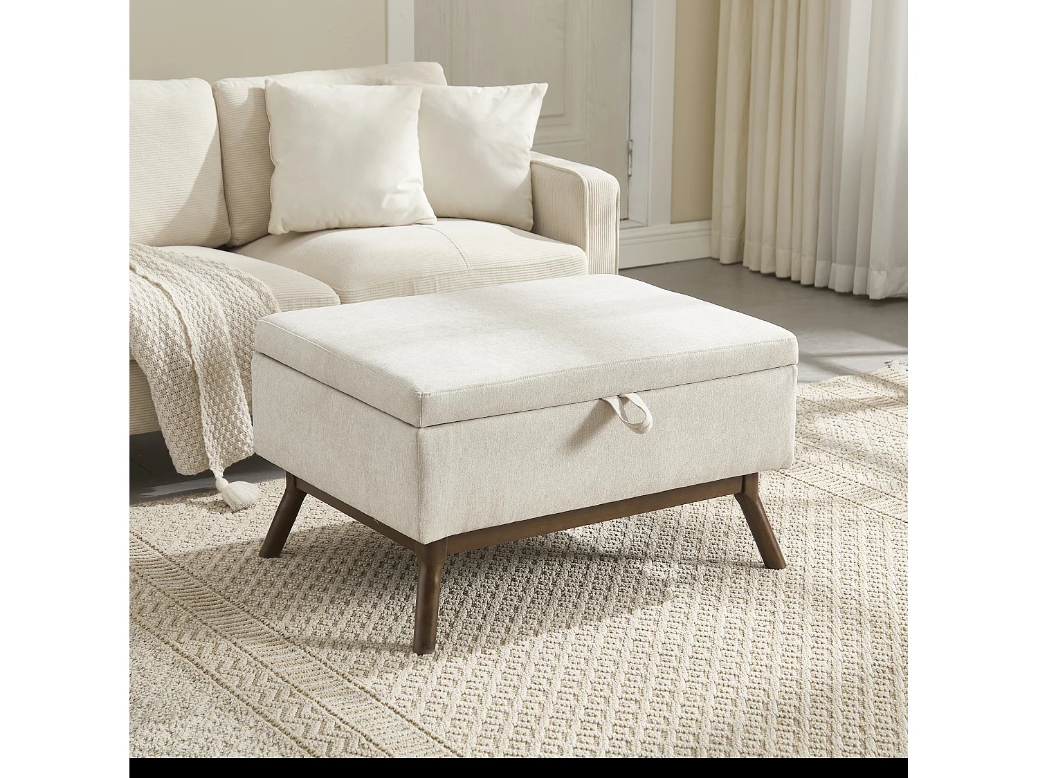 Table basique moderne style mid-century, multifonctionnelle avec rangement, bois massif et tissu lin, beige (80x59x45cm)