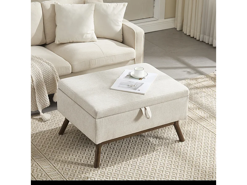 Tavolo base moderno di metà secolo, multifunzionale con contenitore, in legno massello e tessuto di lino, beige (80x59x45cm)