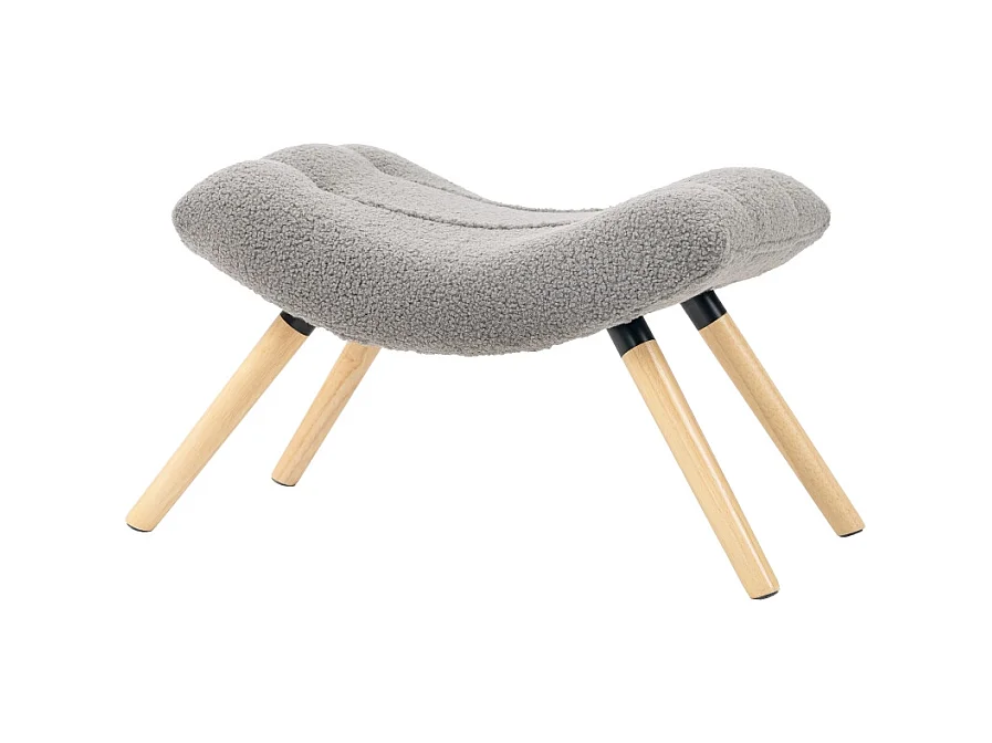 Tabouret de salon en velours bérbère, design contemporain, polyester, gris clair, avec pieds en hêtre (67x45x38cm)