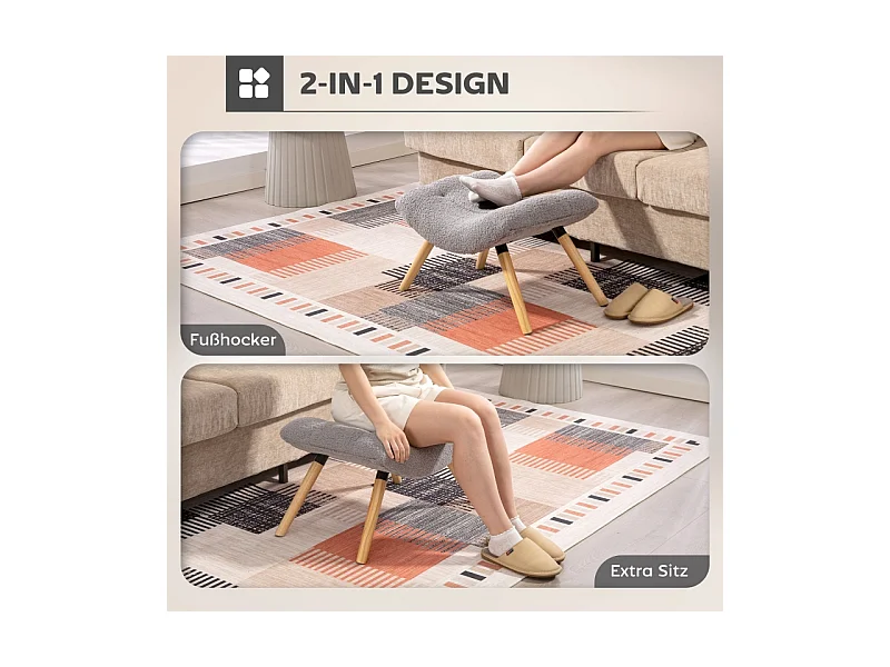 Tabouret de salon en velours bérbère, design contemporain, polyester, gris clair, avec pieds en hêtre (67x45x38cm)