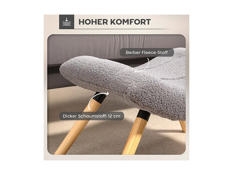 Tabouret de salon en velours bérbère, design contemporain, polyester, gris clair, avec pieds en hêtre (67x45x38cm)