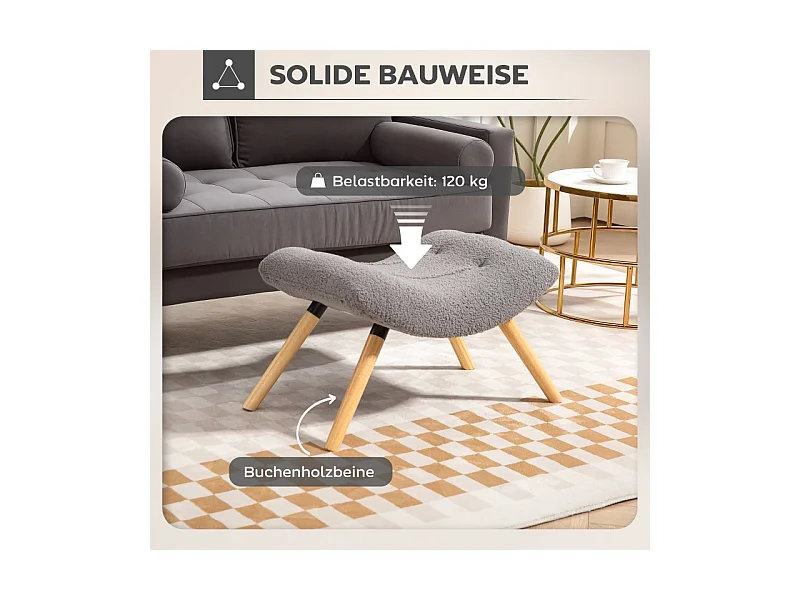 Tabouret de salon en velours bérbère, design contemporain, polyester, gris clair, avec pieds en hêtre (67x45x38cm)