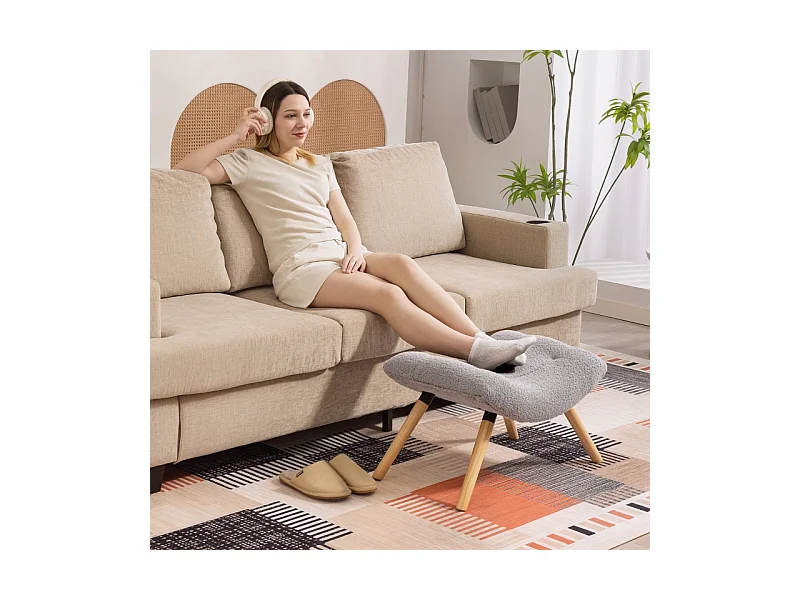 Tabouret de salon en velours bérbère, design contemporain, polyester, gris clair, avec pieds en hêtre (67x45x38cm)