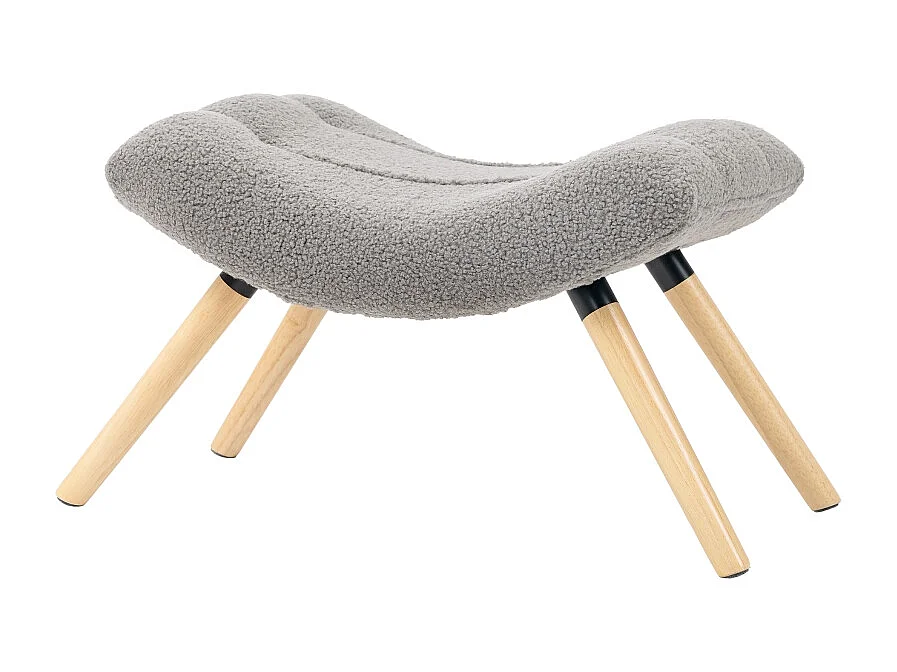 Tabouret de salon en velours bérbère, design contemporain, polyester, gris clair, avec pieds en hêtre (67x45x38cm)