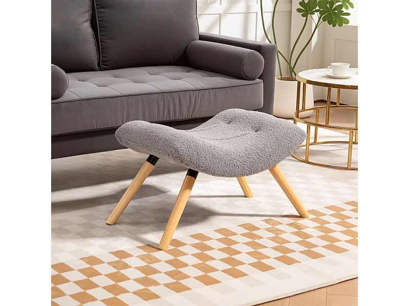 Tabouret de salon en velours bérbère, design contemporain, polyester, gris clair, avec pieds en hêtre (67x45x38cm)