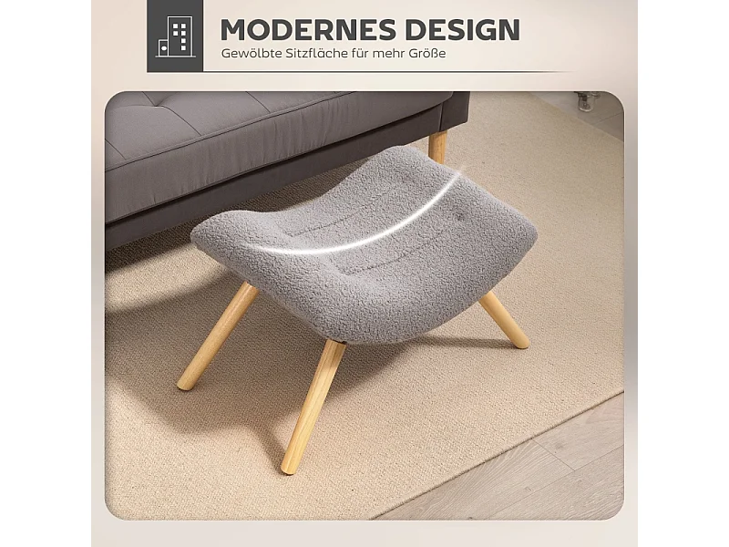 Tabouret de salon en velours bérbère, design contemporain, polyester, gris clair, avec pieds en hêtre (67x45x38cm)