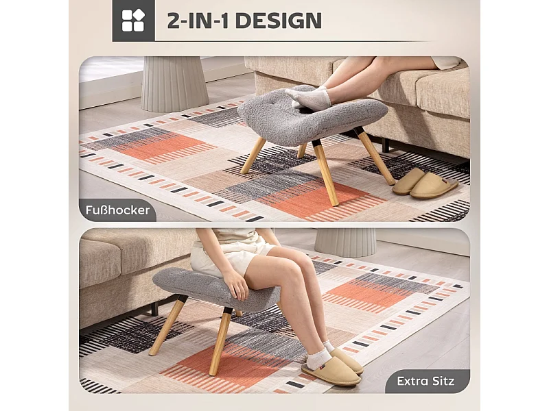 Tabouret de salon en velours bérbère, design contemporain, polyester, gris clair, avec pieds en hêtre (67x45x38cm)