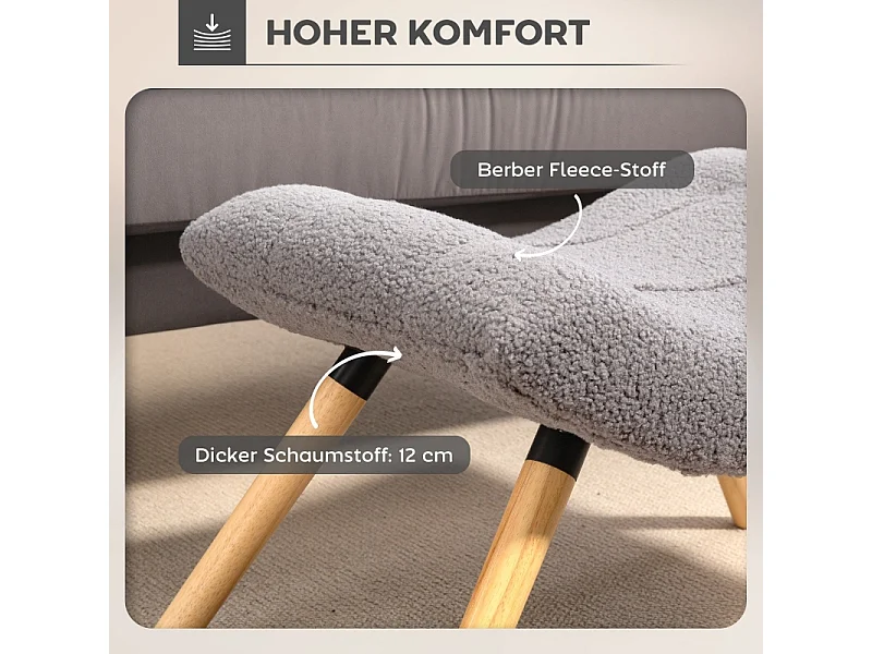 Tabouret de salon en velours bérbère, design contemporain, polyester, gris clair, avec pieds en hêtre (67x45x38cm)