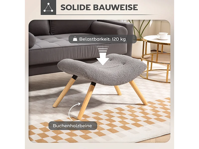 Tabouret de salon en velours bérbère, design contemporain, polyester, gris clair, avec pieds en hêtre (67x45x38cm)