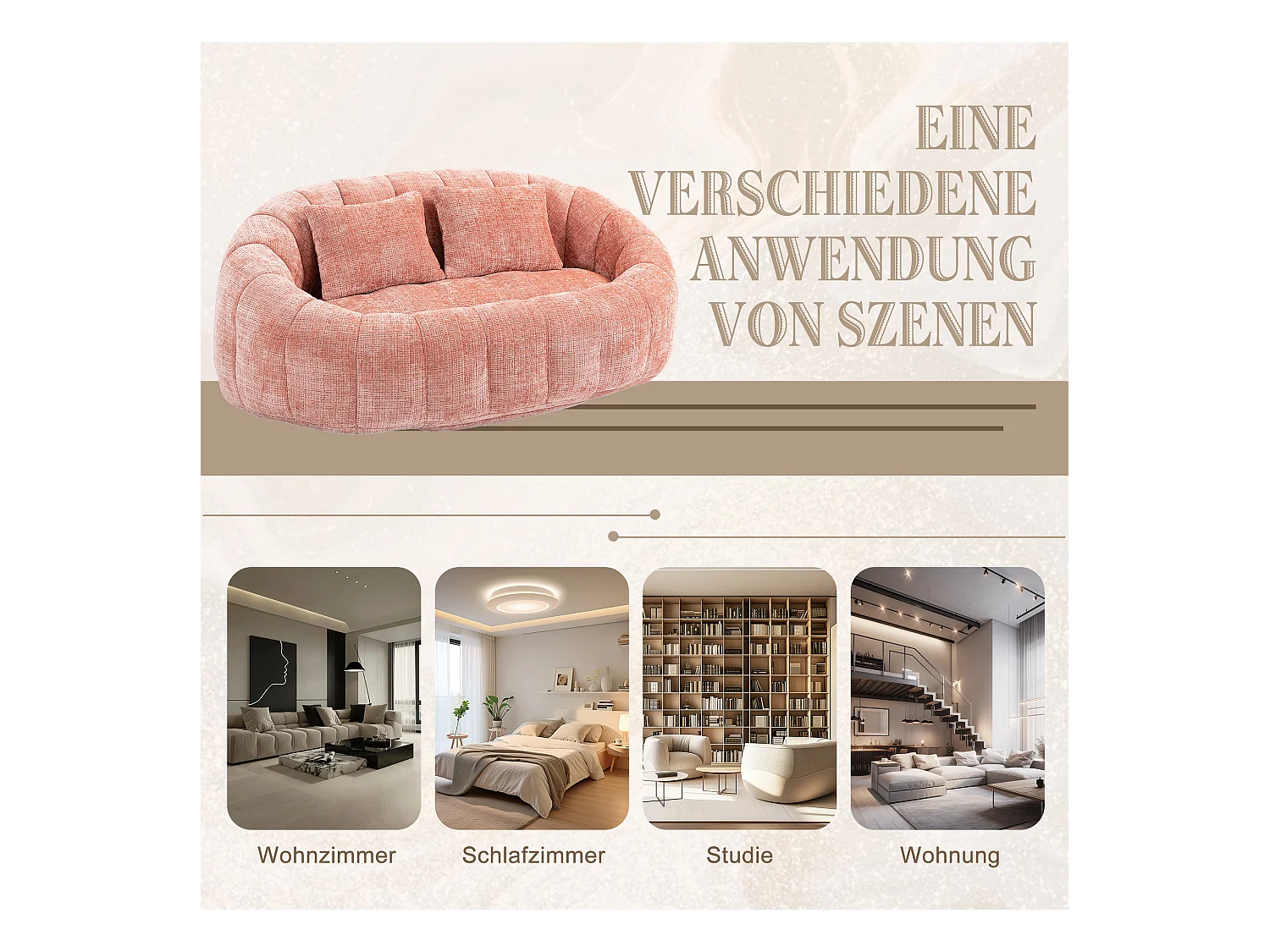 Zachte zitzak met hoge rugleuning, schuimvulling, roze chenillestof, comfortabel ontwerp voor binnen- en buitengebruik (150x95x63cm)