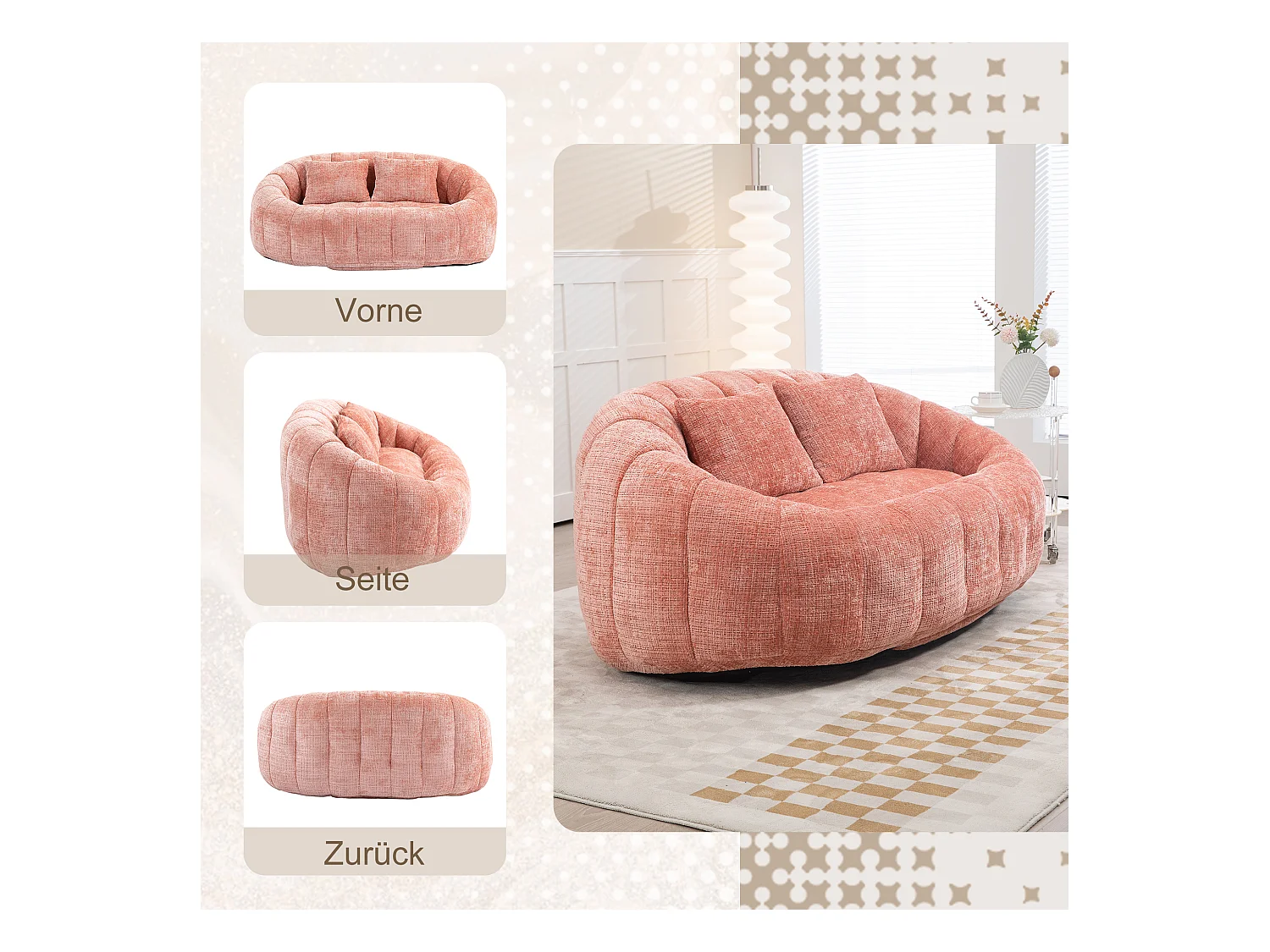 Zachte zitzak met hoge rugleuning, schuimvulling, roze chenillestof, comfortabel ontwerp voor binnen- en buitengebruik (150x95x63cm)