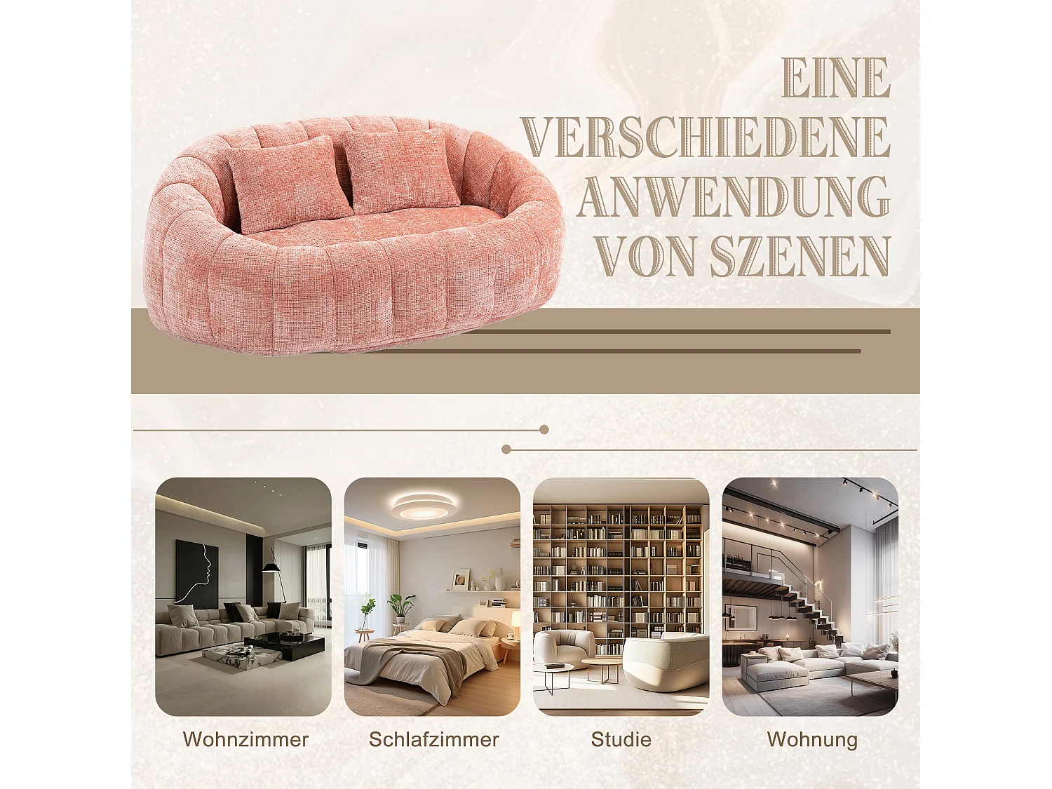 Zachte zitzak met hoge rugleuning, schuimvulling, roze chenillestof, comfortabel ontwerp voor binnen- en buitengebruik (150x95x63cm)