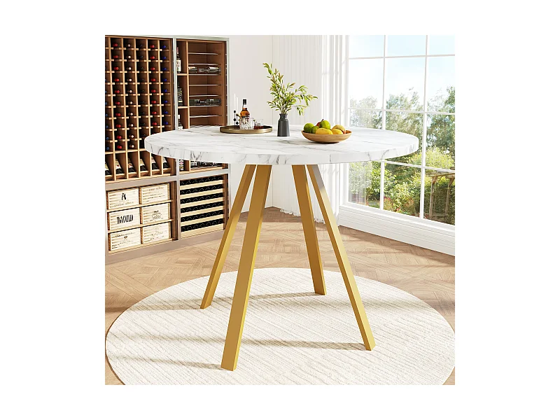 Tavolo da pranzo rotondo, design elegante, MDF e metallo, gambe marmorizzate bianche e oro (80x80x75cm)