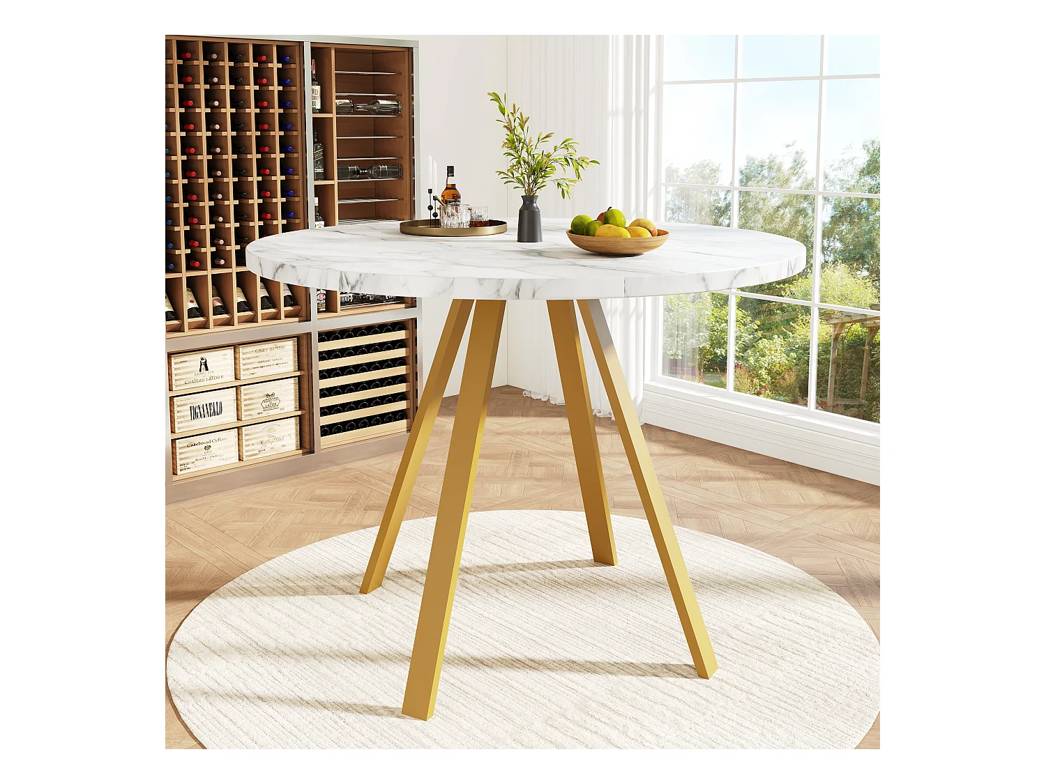 Table à manger ronde, design élégant, MDF et métal, blanc marbré et pieds dorés (80x80x75cm)