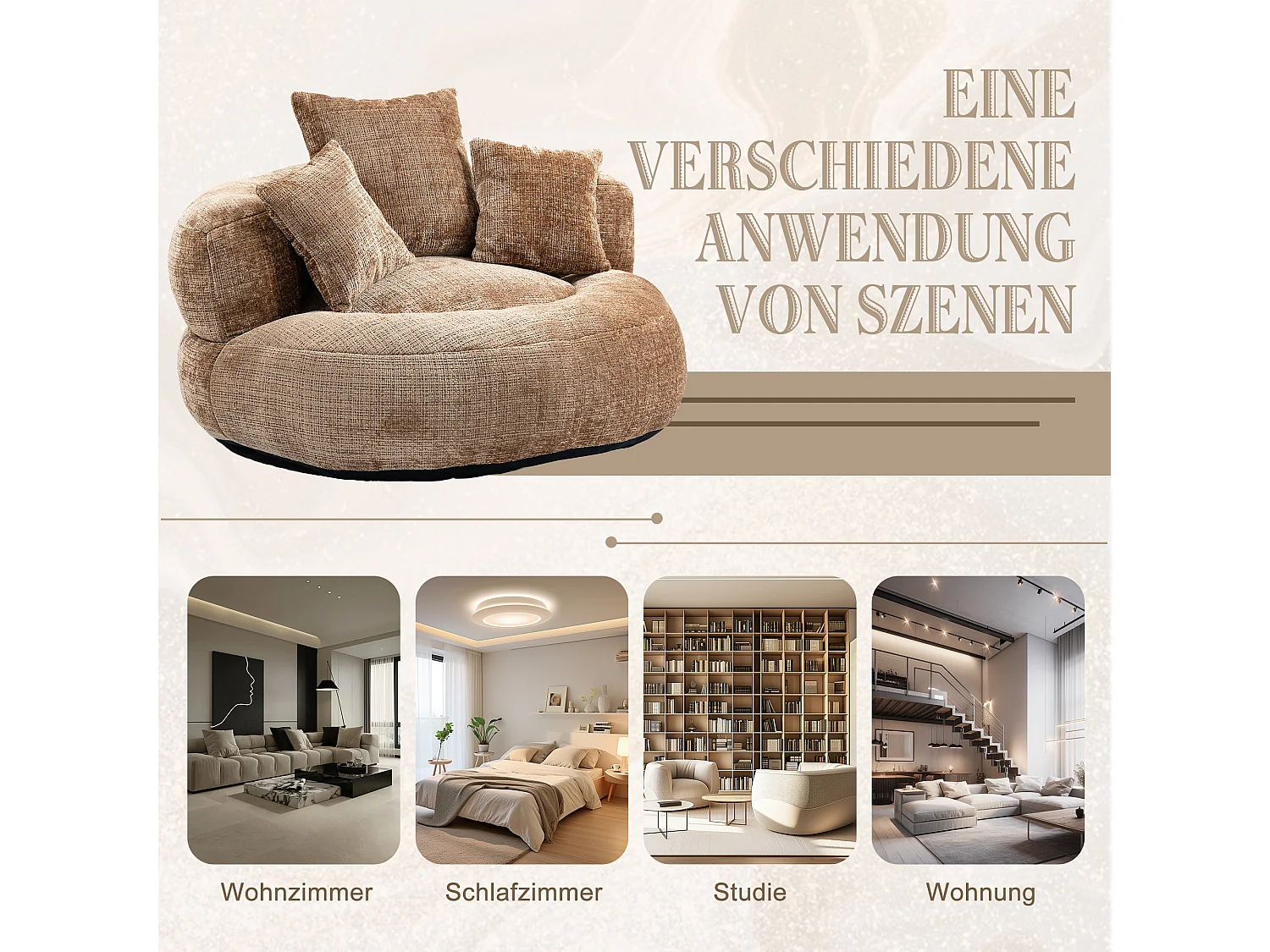 Canapé paresseux durable avec haut dossier, 3 coussins, chenille, café, pour intérieur et extérieur (108x108x52cm)