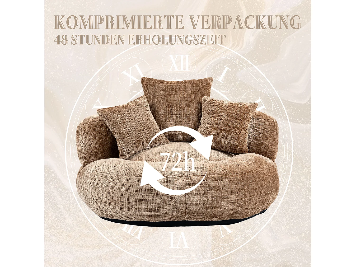 Canapé paresseux durable avec haut dossier, 3 coussins, chenille, café, pour intérieur et extérieur (108x108x52cm)