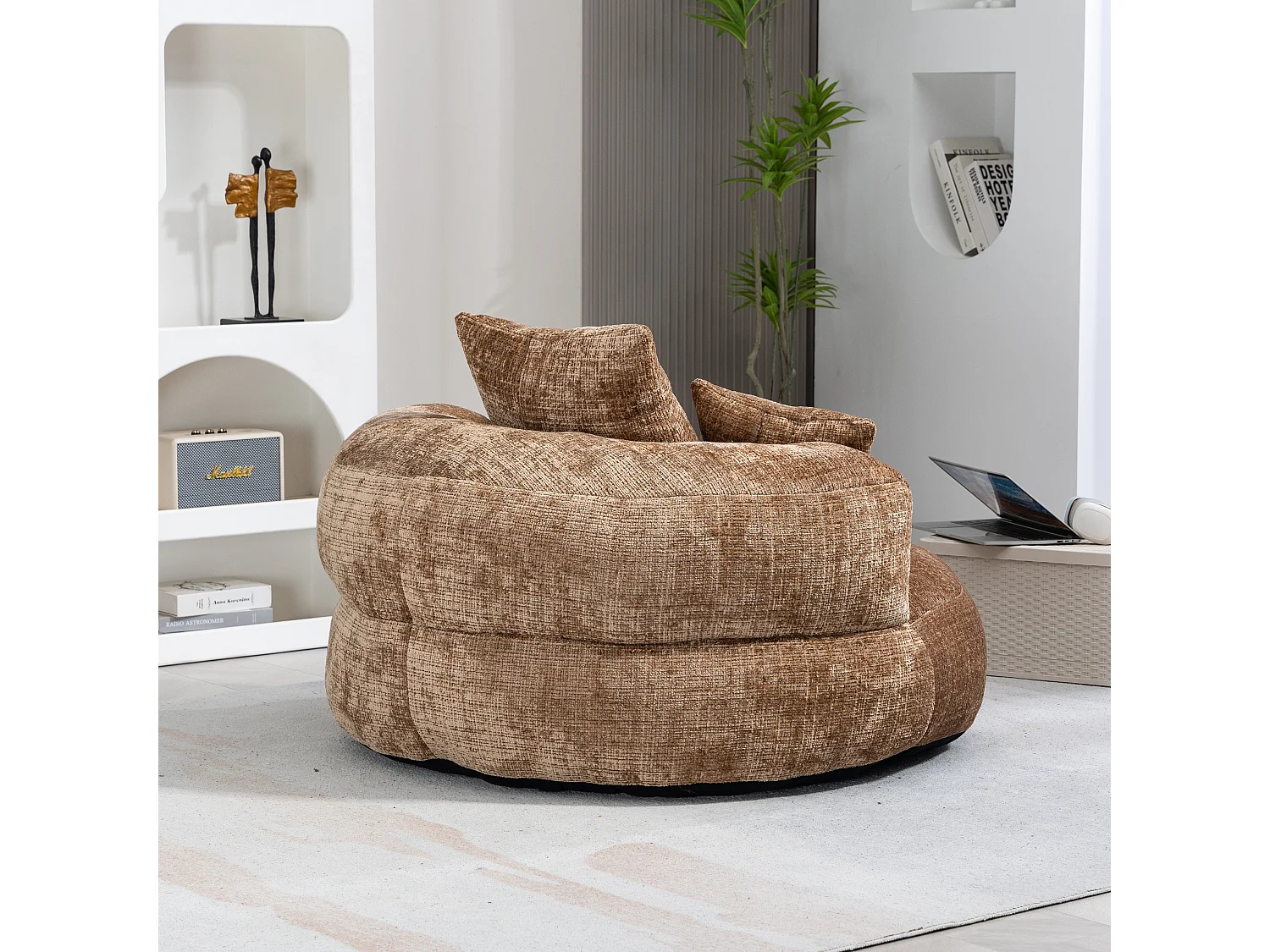 Canapé paresseux durable avec haut dossier, 3 coussins, chenille, café, pour intérieur et extérieur (108x108x52cm)